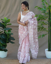 Peach Chikankari Work Pure Organza Saree